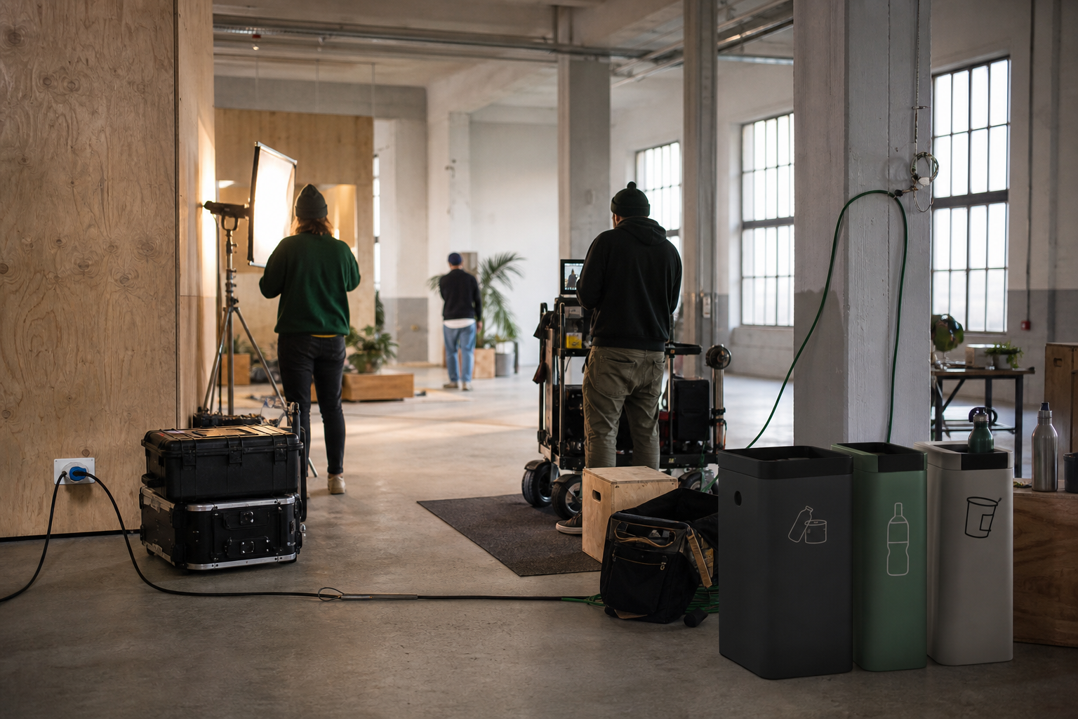 Filmcrew arbeitet mit LED-Licht, Netzstrom und Mülltrennung in einer Industriehalle
