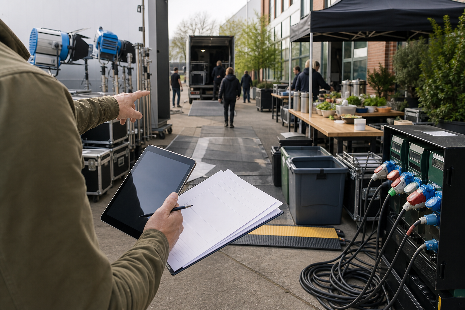 Green Consultant prüft Strom, Logistik und Catering bei einer Motivbesichtigung