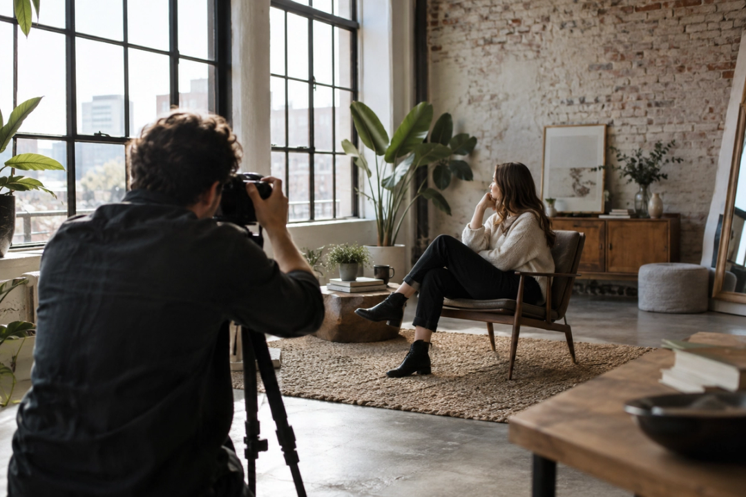 Fotograf fotografiert eine Person in einem hellen Loft mit großen Fenstern