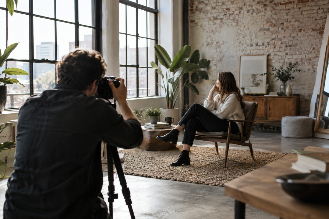 Fotograf fotografiert eine Person in einem hellen Loft mit großen Fenstern