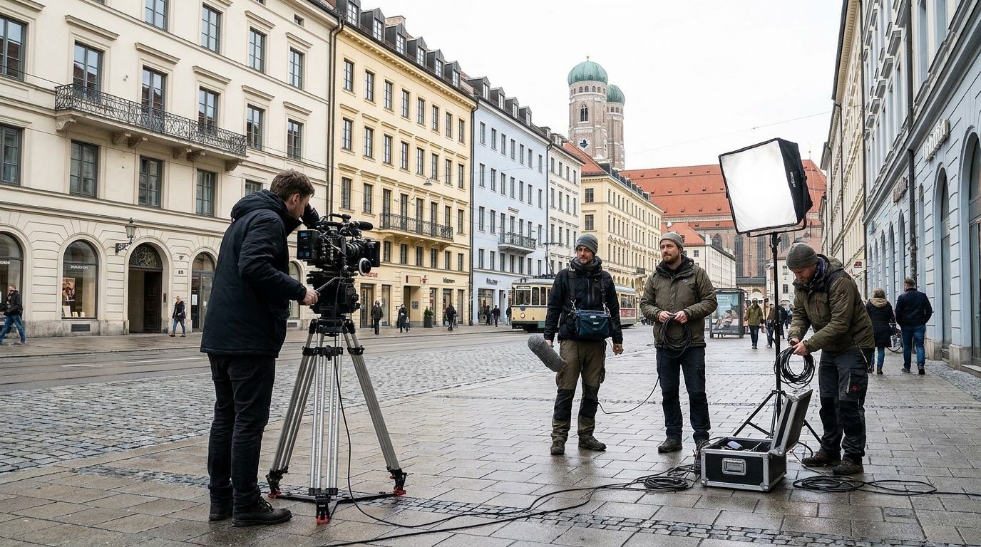Small film crew shooting on a Munich square with the Frauenkirche towers in the background