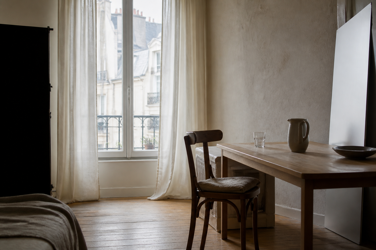 Weiches Fensterlicht auf einem Tisch und Stuhl mit Reflektor und schwarzer Abschattung am Bildrand