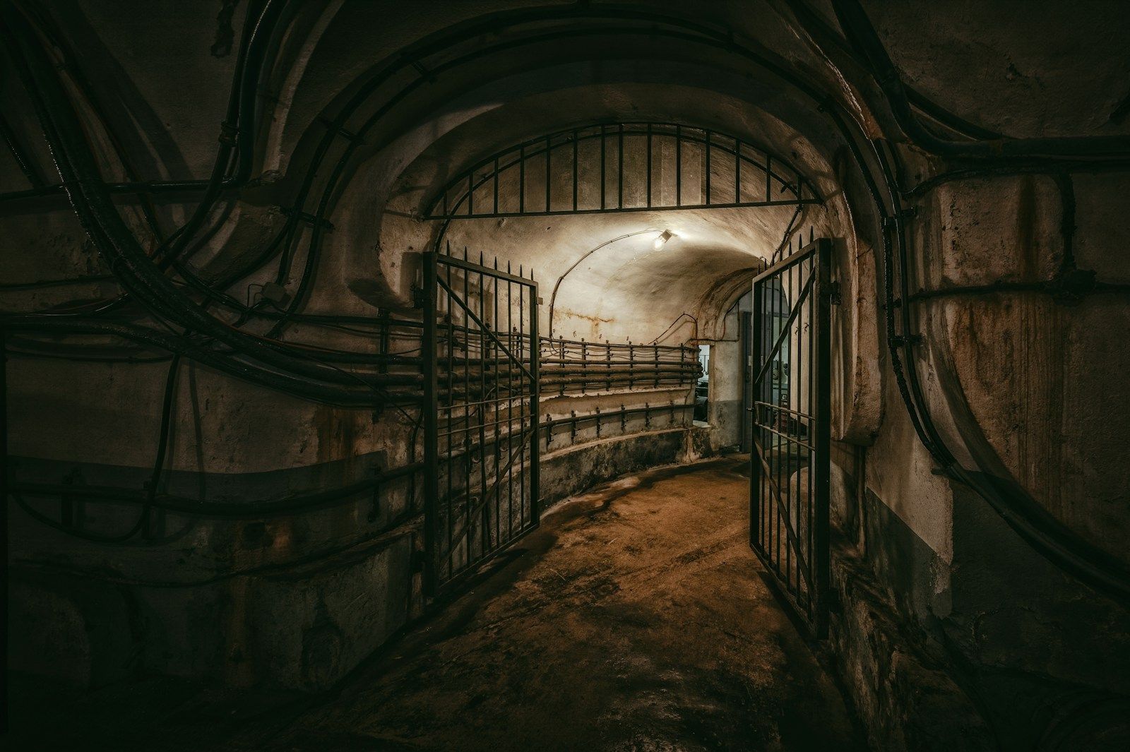 Abandoned underground bunker corridor with arched ceiling as a reference for legal special motif film locations