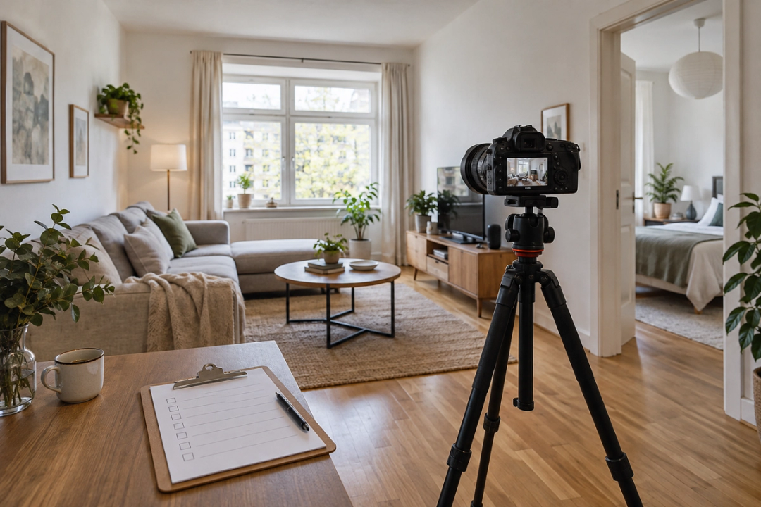 Kamera auf Stativ fotografiert einen hellen, aufgeräumten Wohnraum mit natürlichem Tageslicht