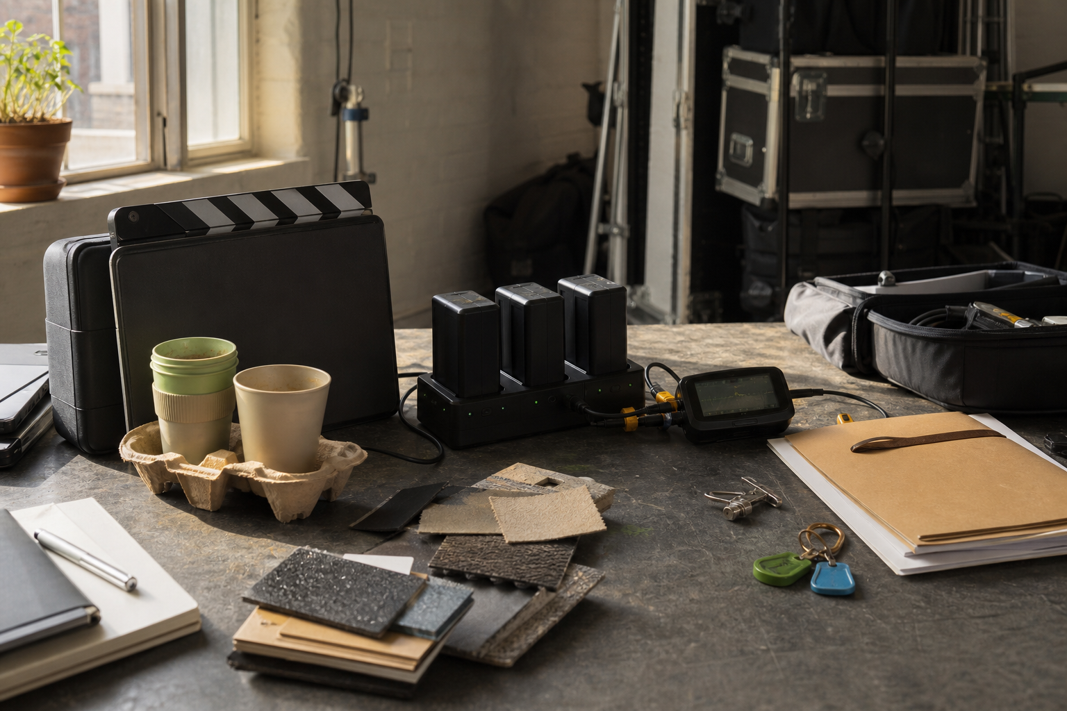Wiederverwendbare Akkus, Mehrwegbecher und Materialmuster an einem Filmset