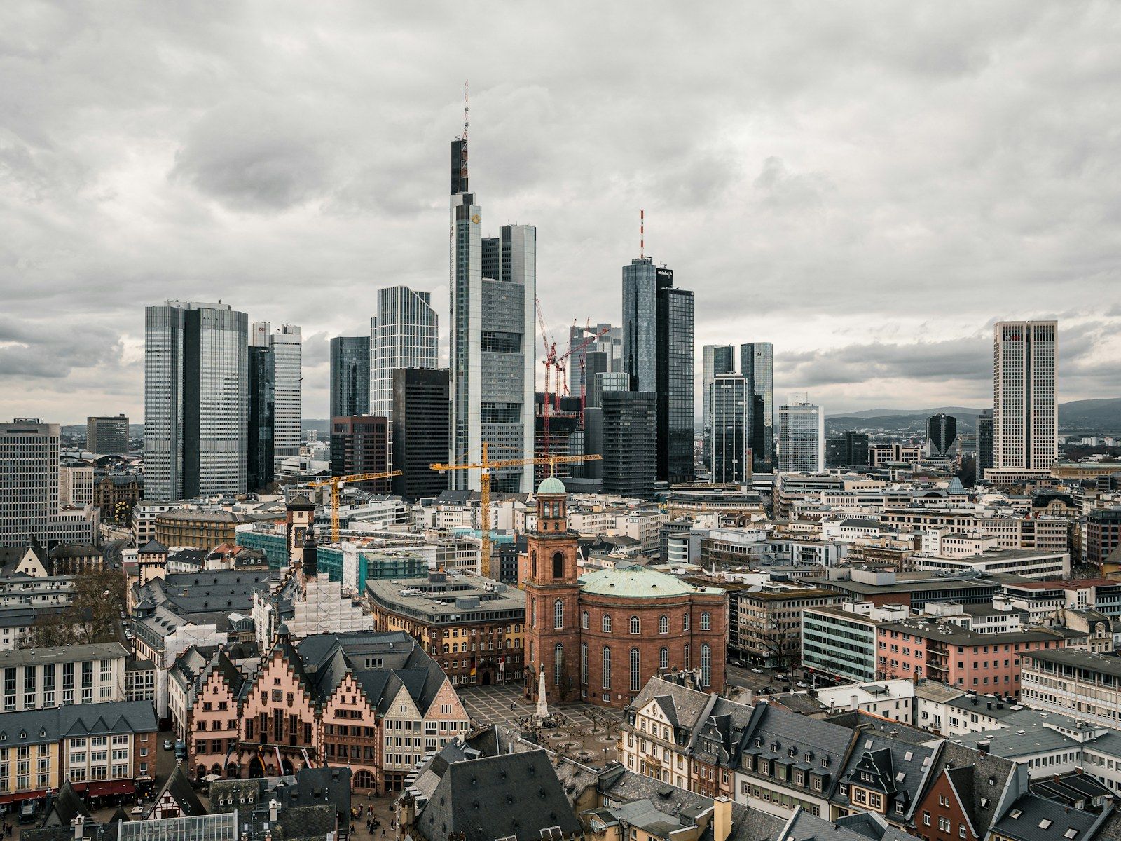 Aerial view of Frankfurt skyline and city buildings for a film location guide