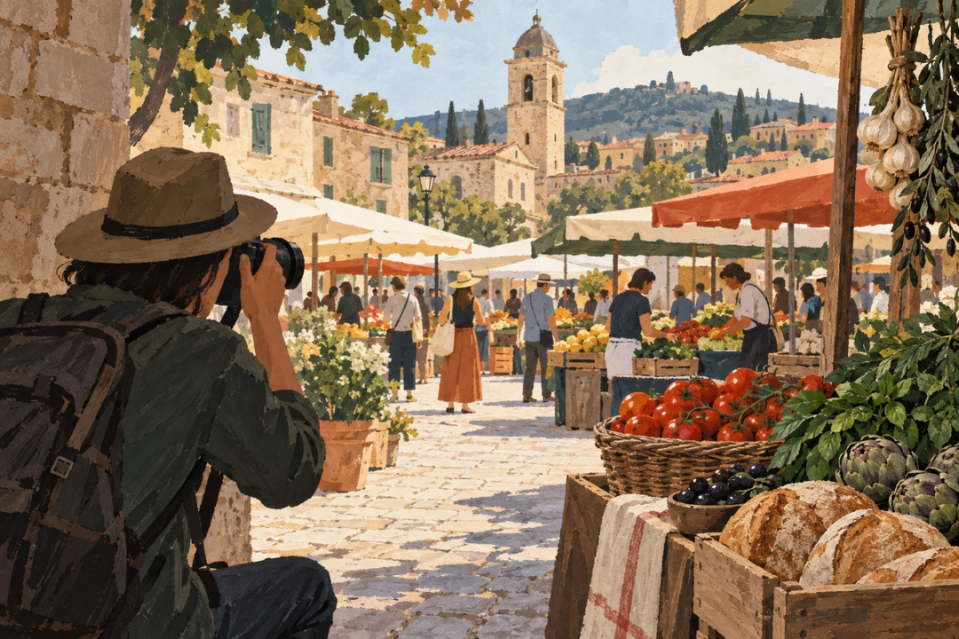 Illustration einer Fotografin, die das Geschehen auf einem Markt beobachtet