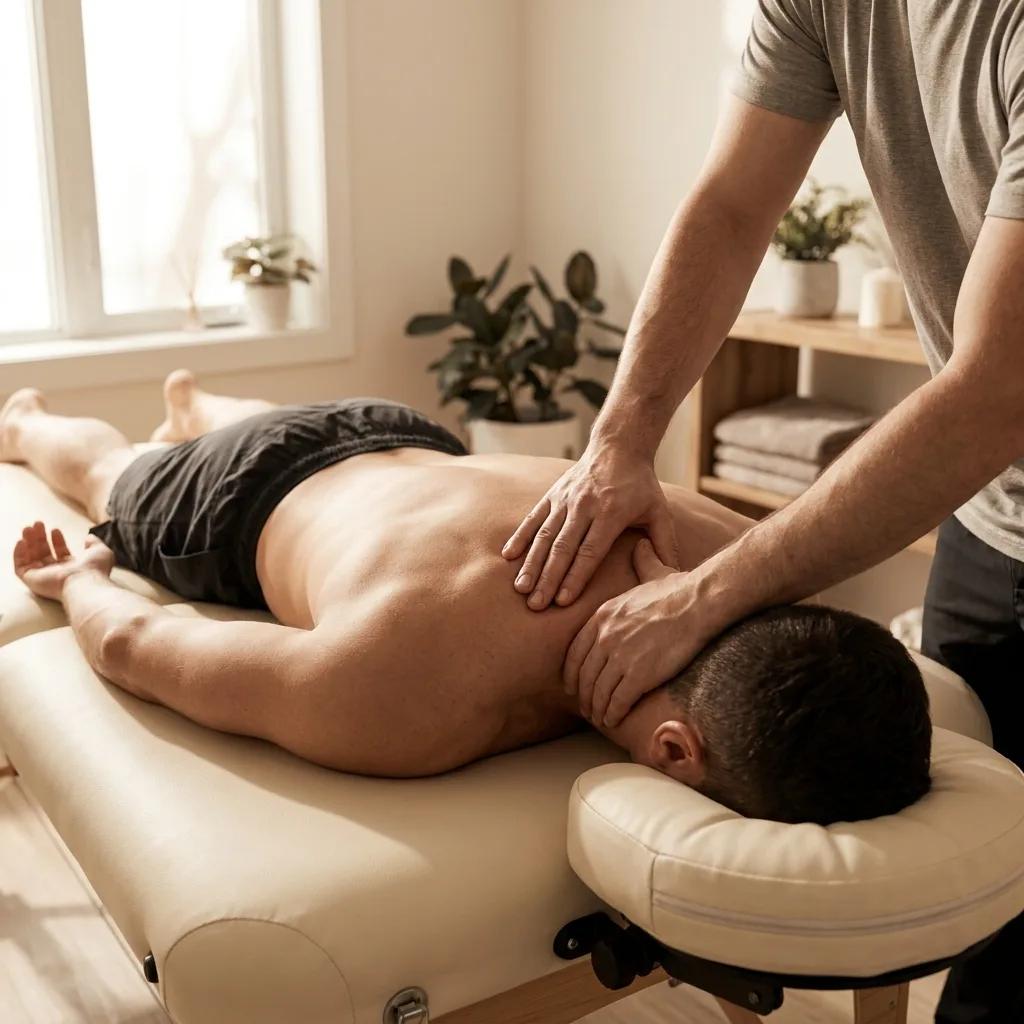 Registered massage therapist giving focused deep-tissue treatment to an athlete's upper back in a warm, sunlit treatment room