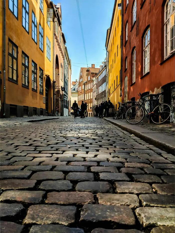 Brostensbelagt gade i København med charmerende andelslejligheder