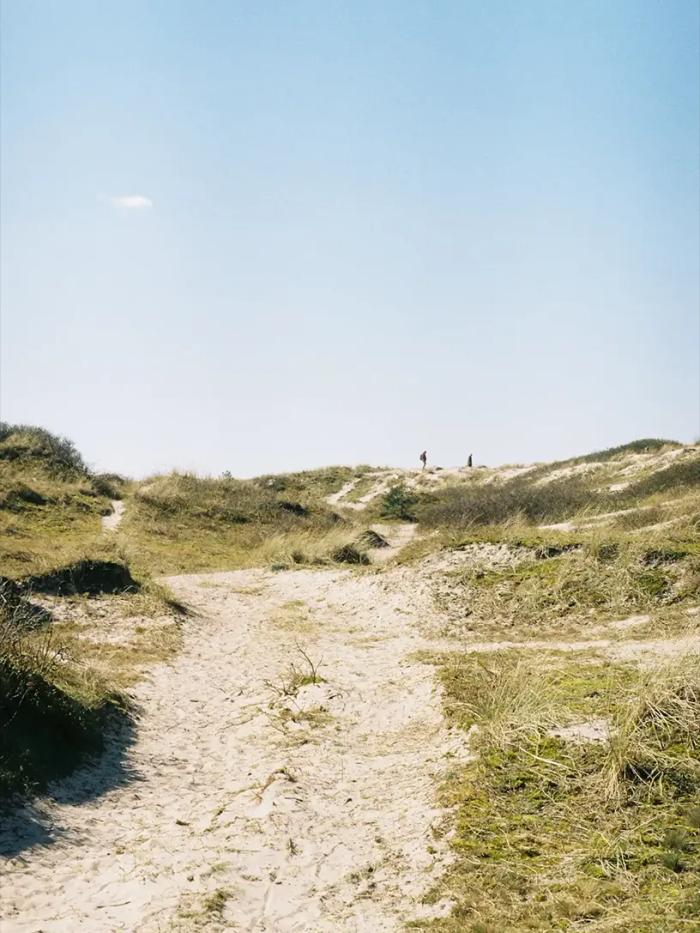 En sandstrand tilgængelig via en jordsti.