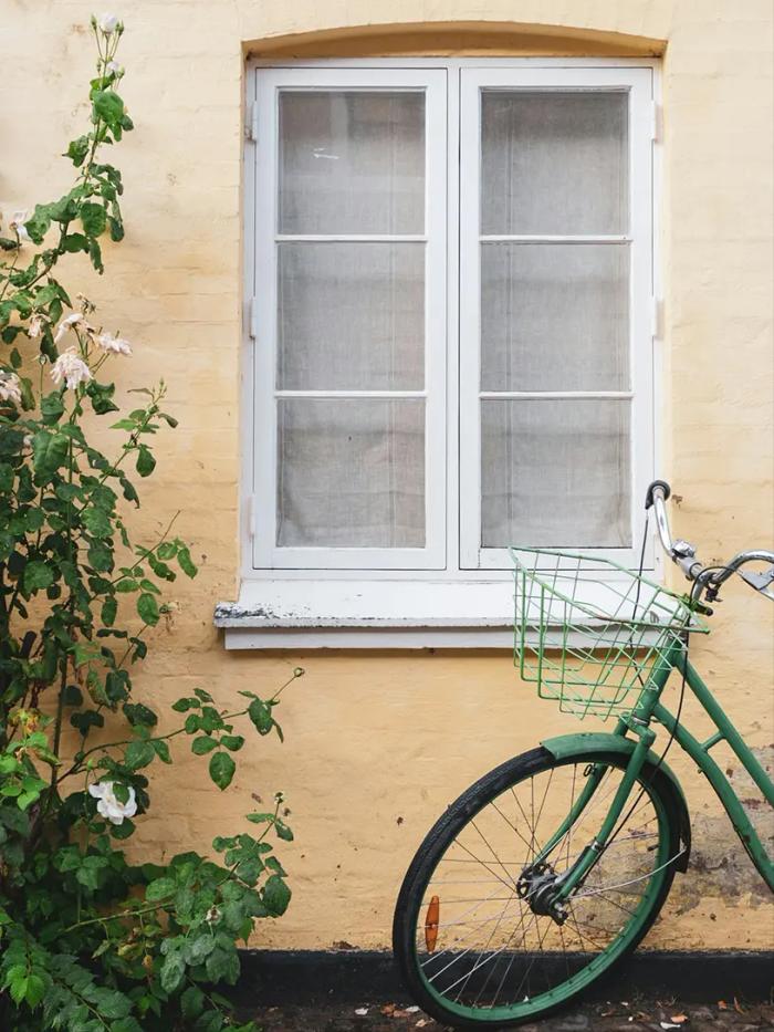 Grøn cykel parkeret op ad gul husmur med vindue og roser