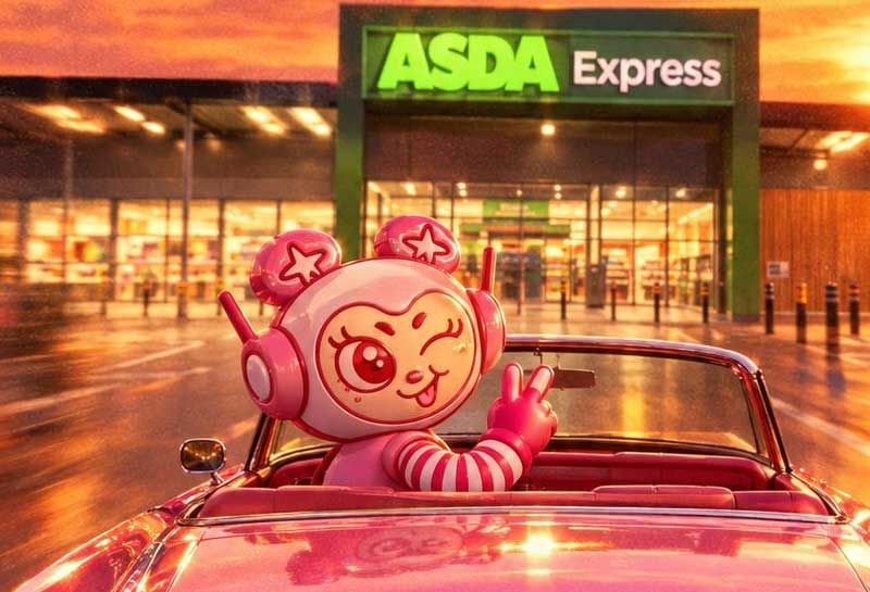 Three people outside an Asda Express store holding cans of XOXO Soda, including Lychee and Kyoho Grape