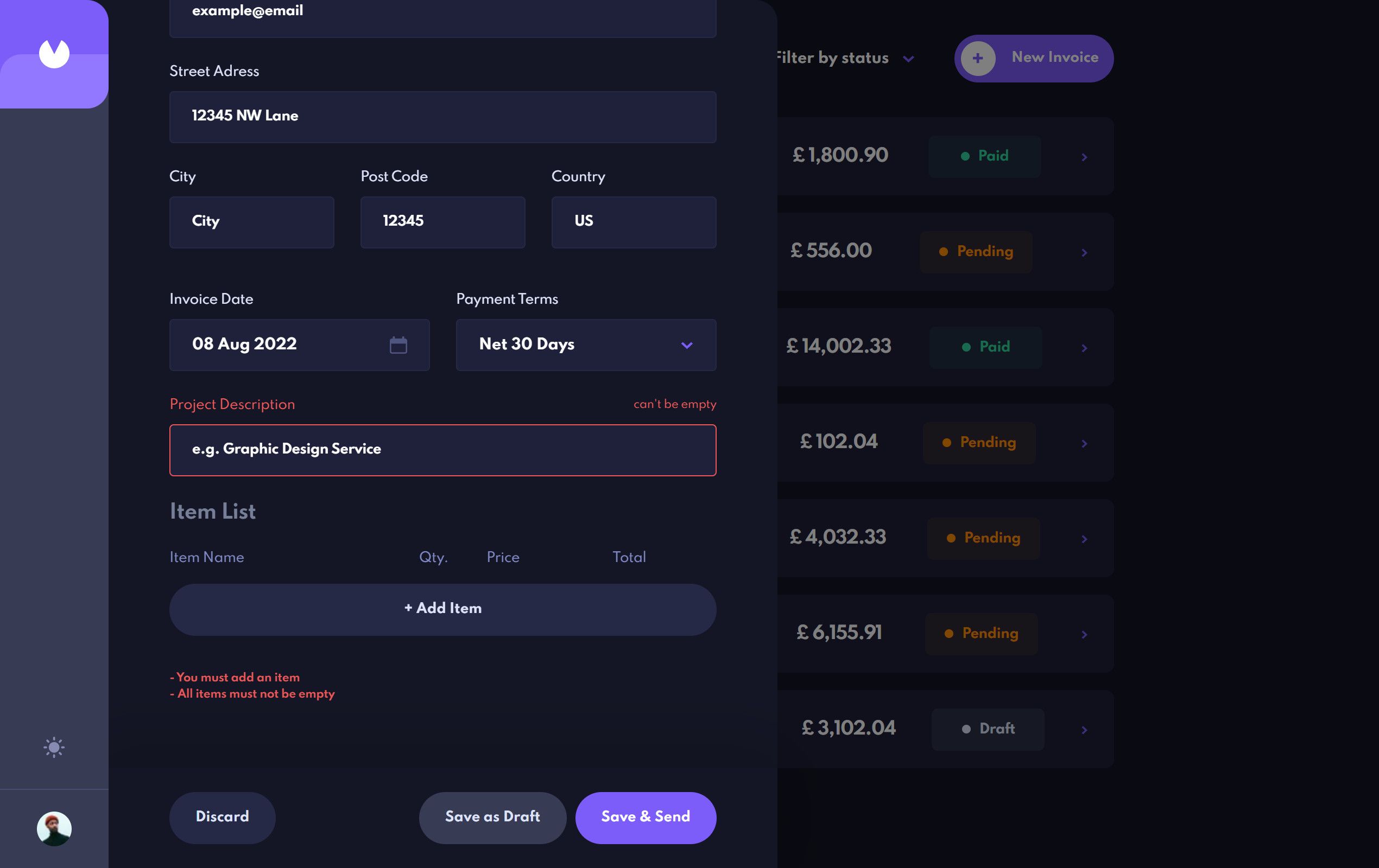 Invoice App form preview