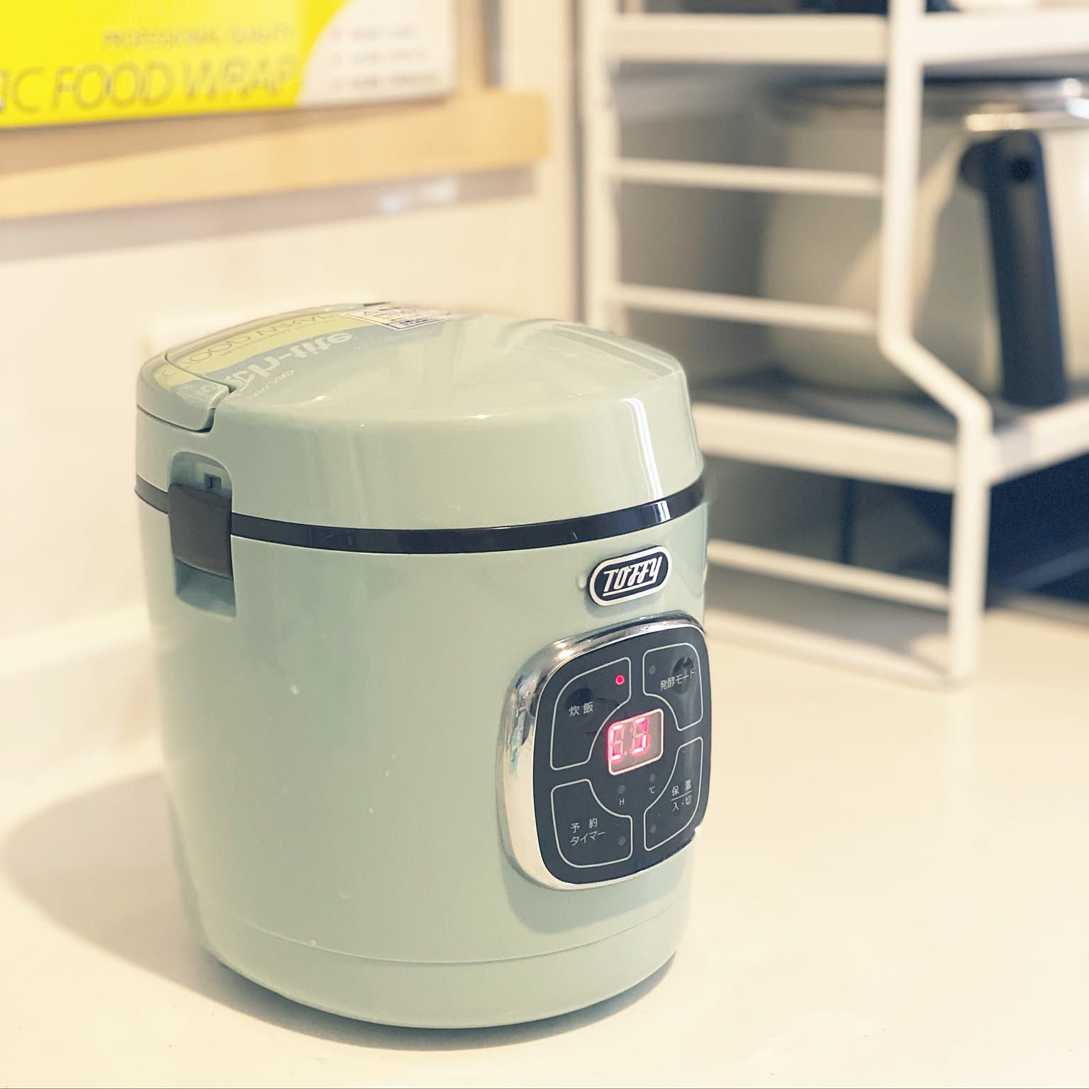 A compact pale-green Toffy rice cooker on a clean kitchen counter.