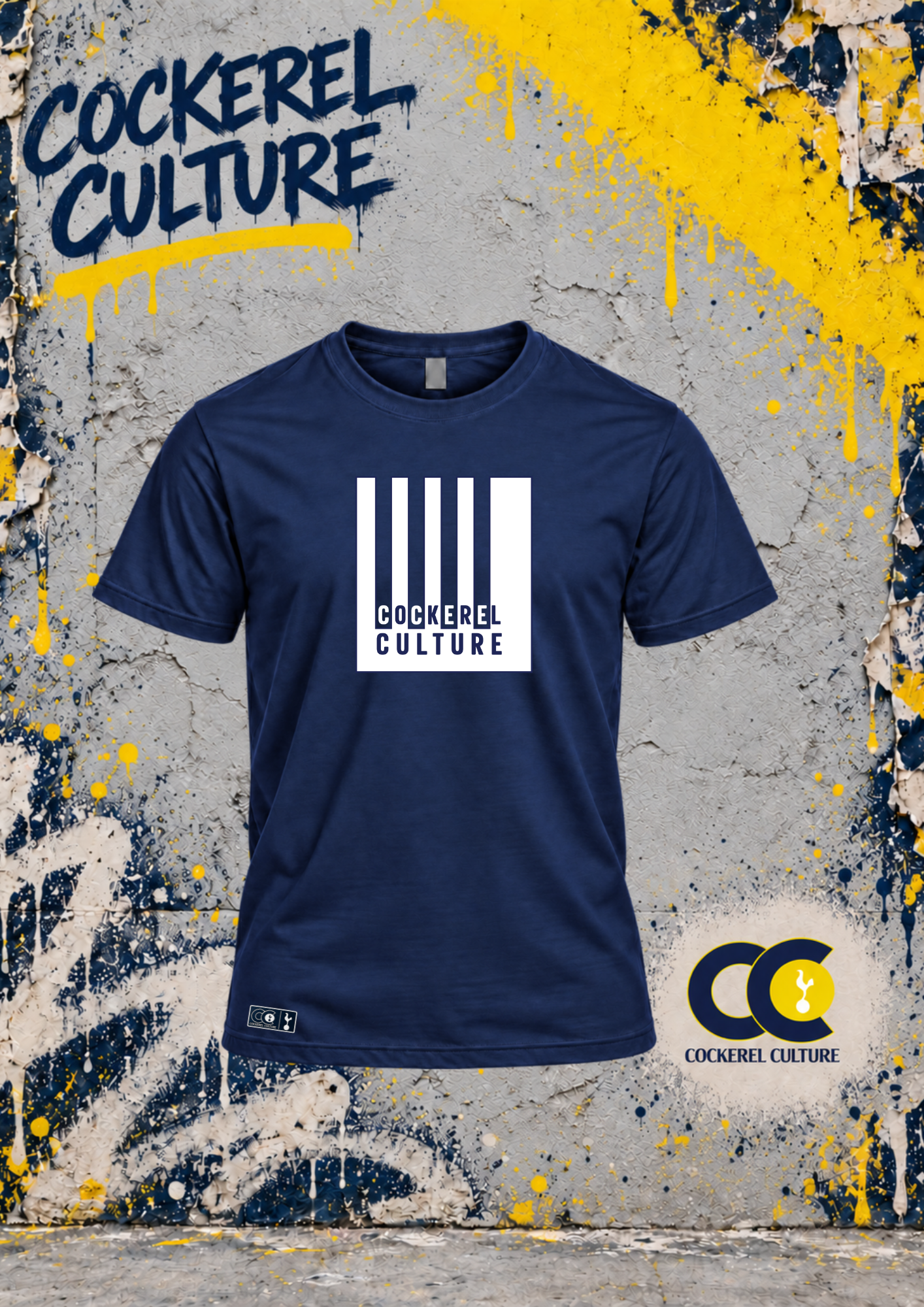 A navy t-shirt with the Cockerel Culture barcode block printed in white across the chest, seen from the front.