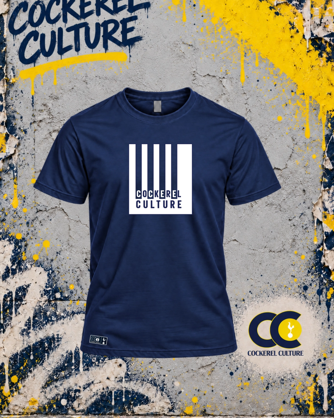 A navy t-shirt with the Cockerel Culture barcode block printed in white across the chest, seen from the front.