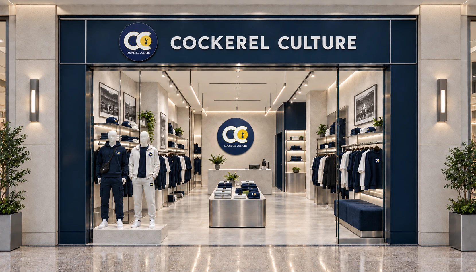 Visualisation of the planned Cockerel Culture shopfront at the Harvey Centre, Harlow: a navy fascia with the name in white, mannequins in the window and the shop floor behind. A concept image, not a photograph.