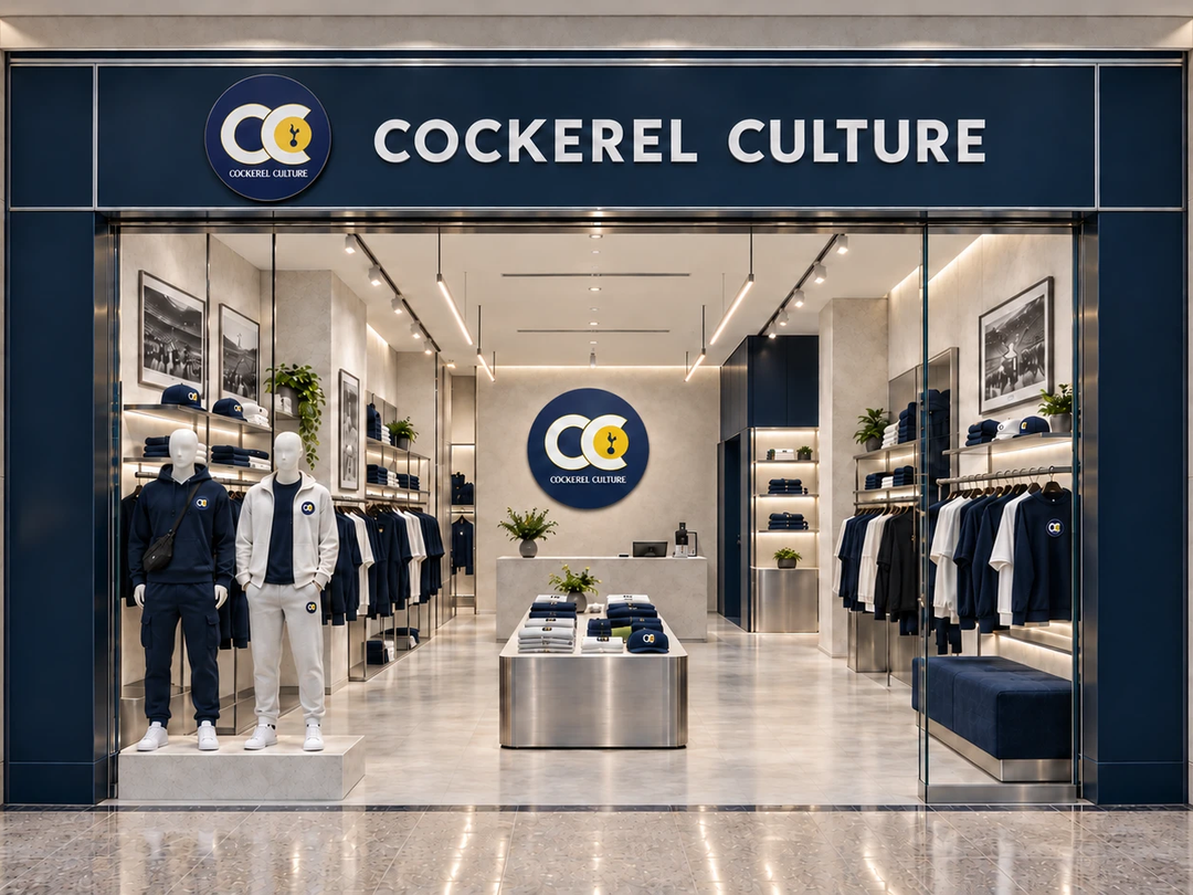 Visualisation of the planned Cockerel Culture shopfront at the Harvey Centre, Harlow: a navy fascia with the name in white, mannequins in the window and the shop floor behind. A concept image, not a photograph.