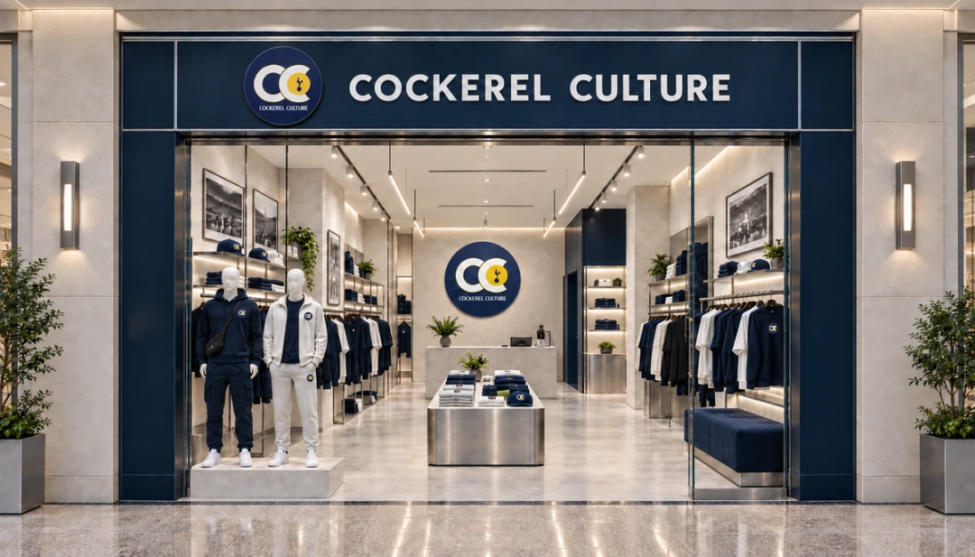 Visualisation of the planned Cockerel Culture shopfront at the Harvey Centre, Harlow: a navy fascia with the name in white, mannequins in the window and the shop floor behind. A concept image, not a photograph.