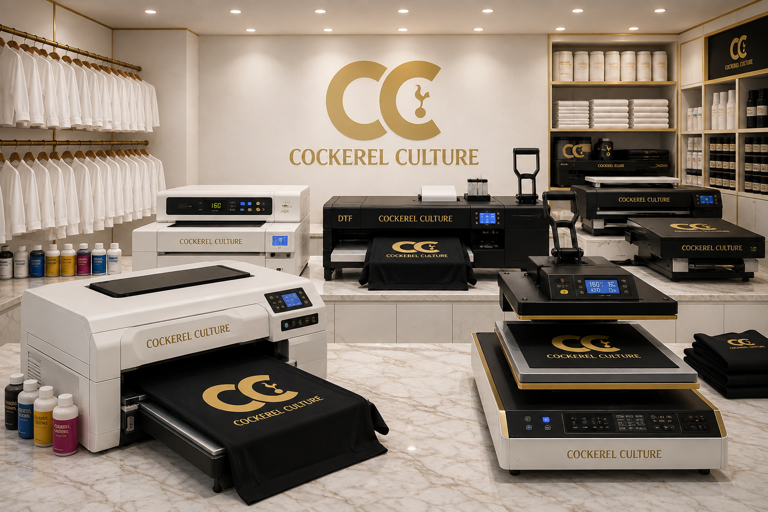 Visualisation of the planned Live Print Lab, with direct-to-film printers, heat presses and blank garments