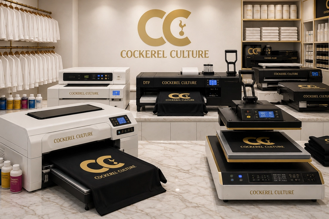 Visualisation of the planned Live Print Lab, with direct-to-film printers, heat presses and blank garments