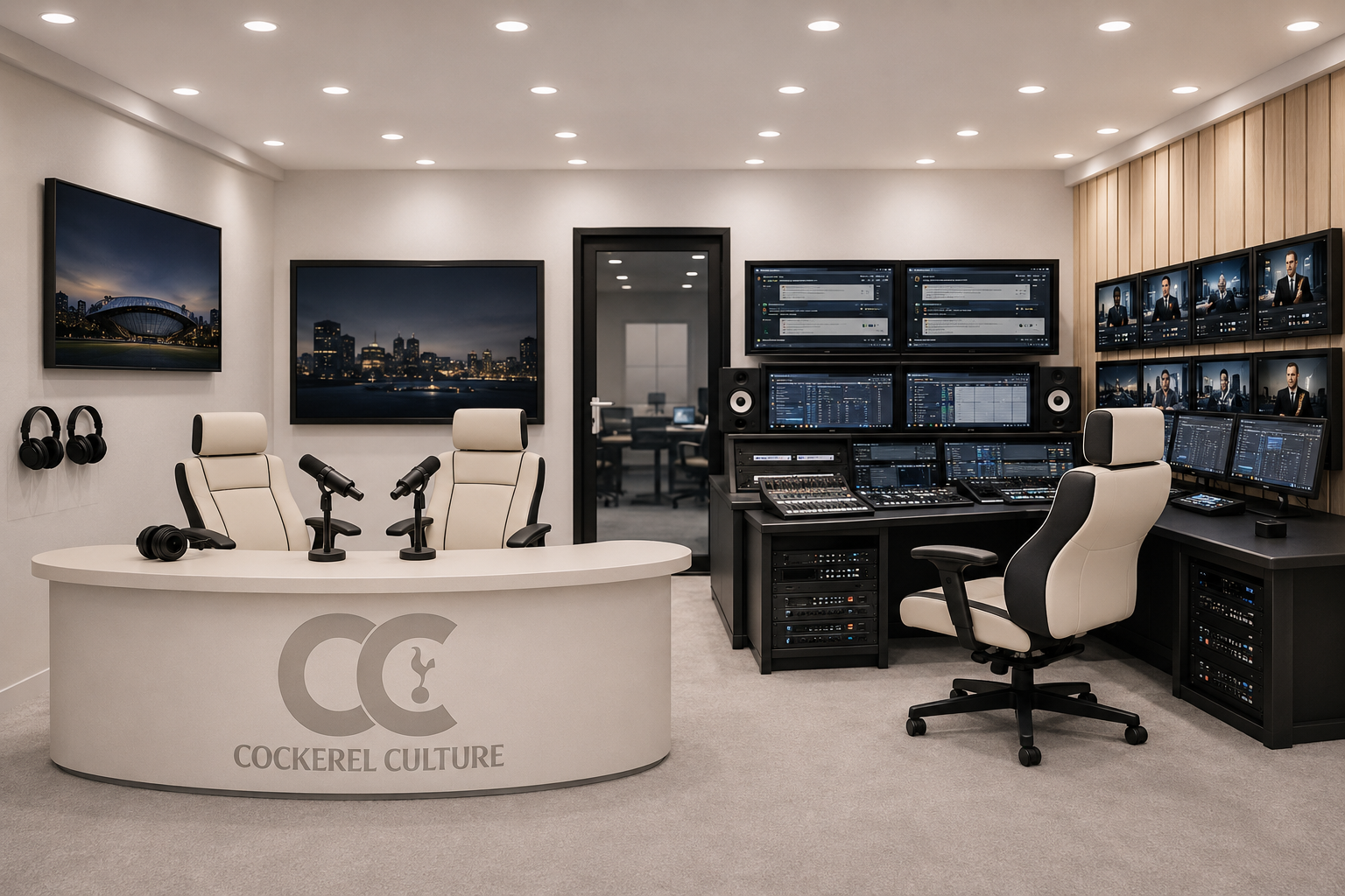 Visualisation of the planned media room, with a podcast desk, editing station and control-room monitor wall