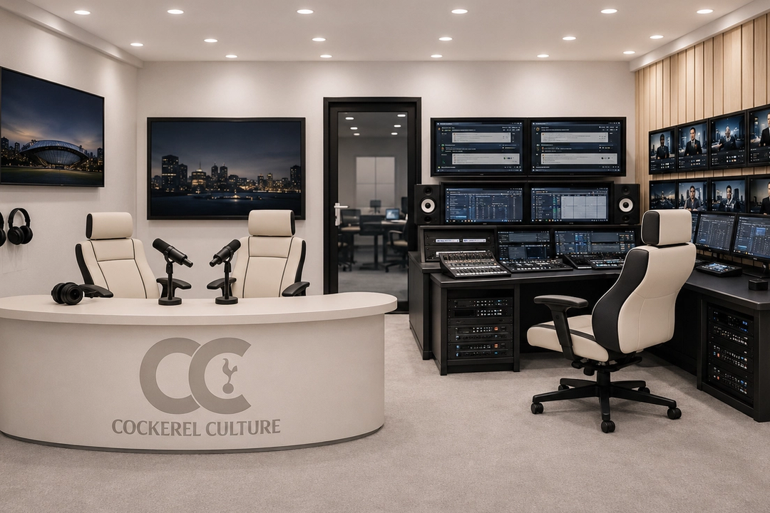 Visualisation of the planned media room, with a podcast desk, editing station and control-room monitor wall