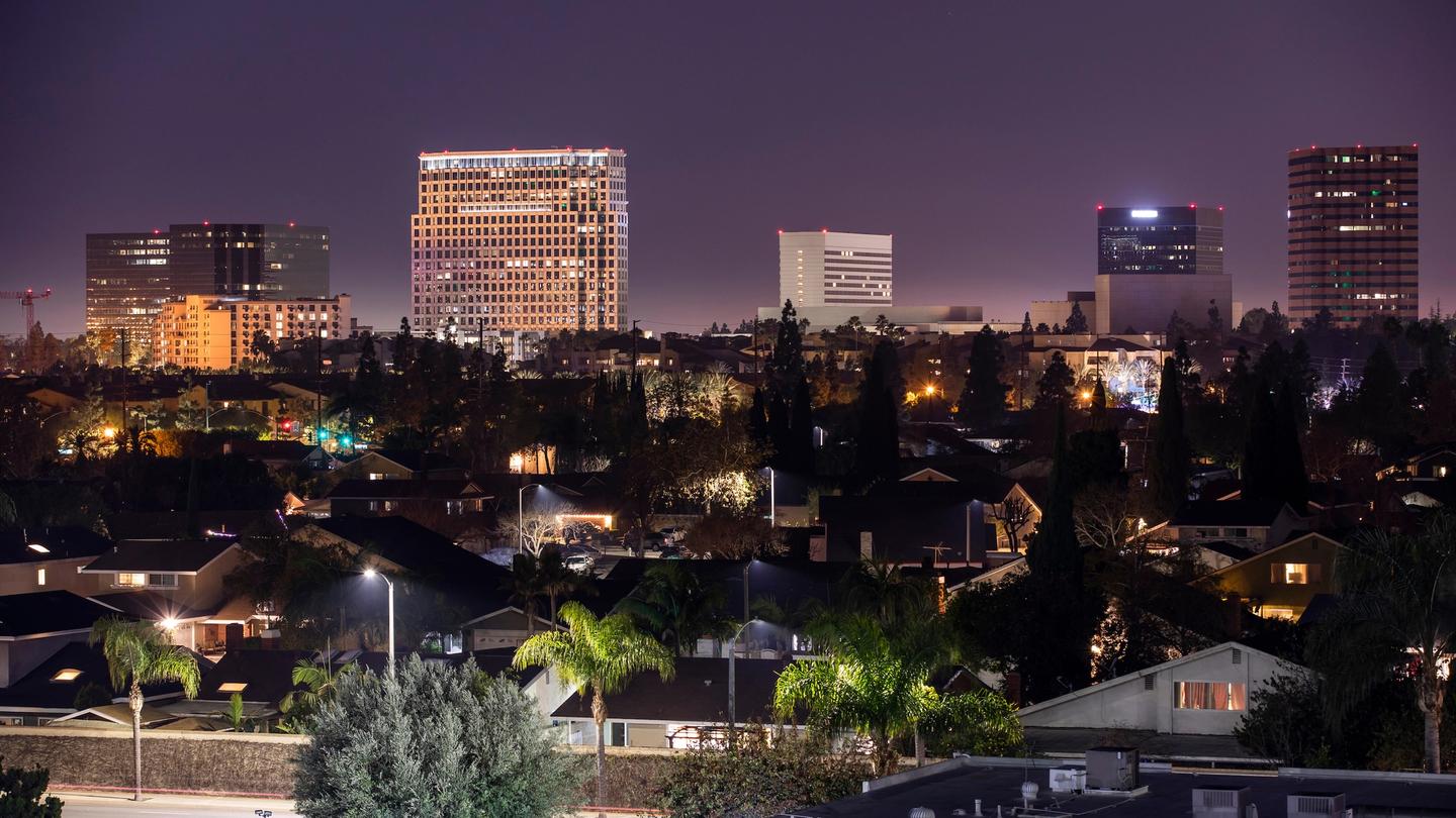 Costa Mesa at night; the city is home to the two largest skyscrapers in Orange County. 