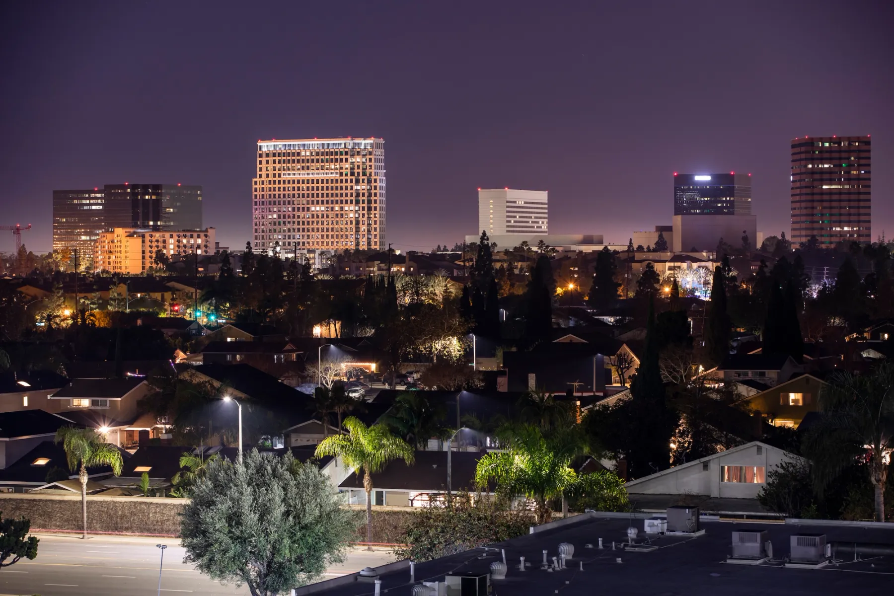 Costa Mesa at night; the city is home to the two largest skyscrapers in Orange County.