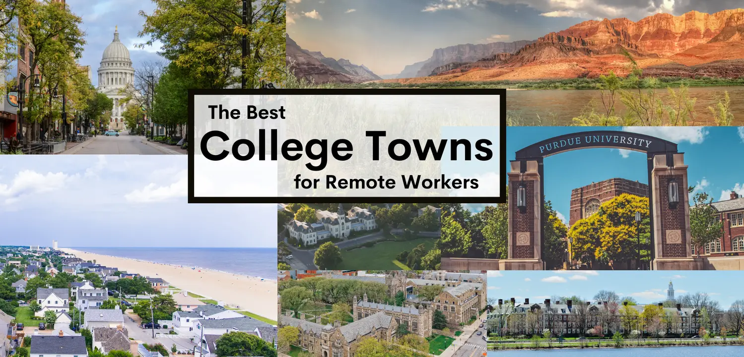 Collage of college cities with headline The Best College Towns for Remote Workers