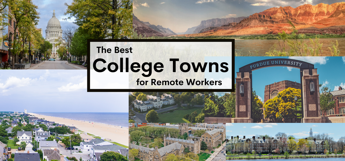 Collage of college cities with headline The Best College Towns for Remote Workers
