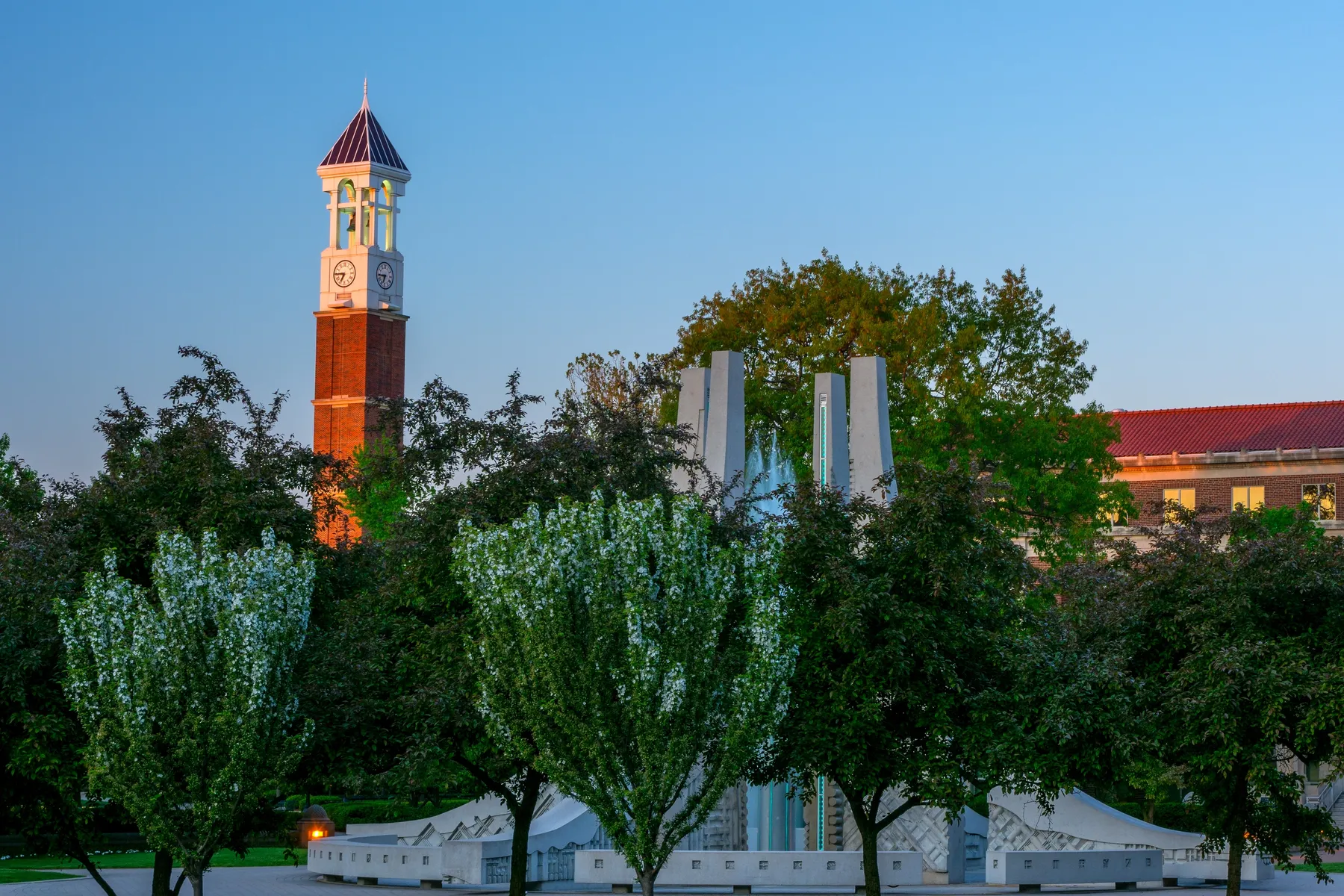 The Purdue University campus fountain and clocktower.