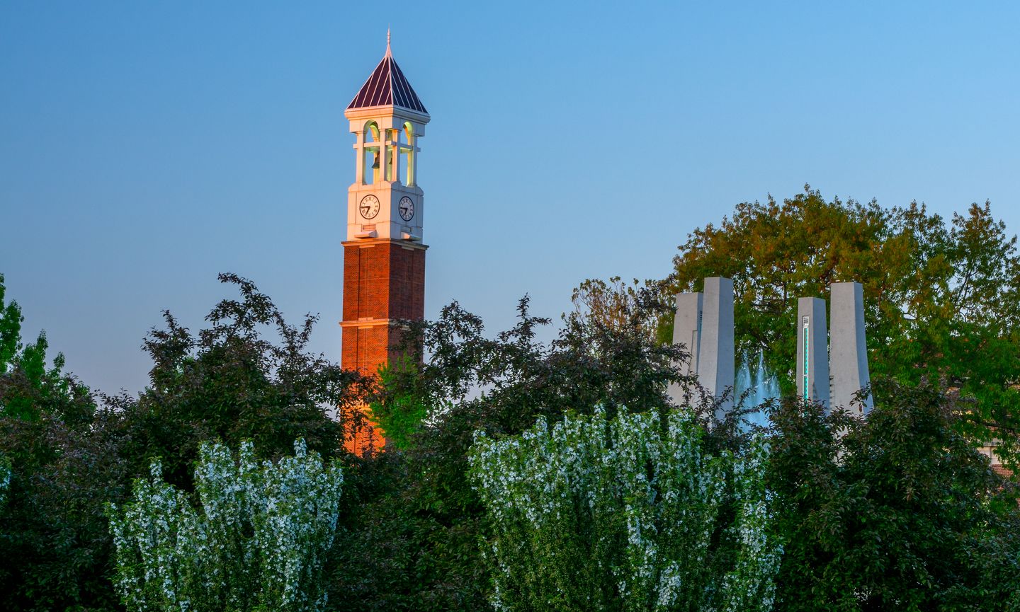 The Purdue University campus fountain and clocktower.