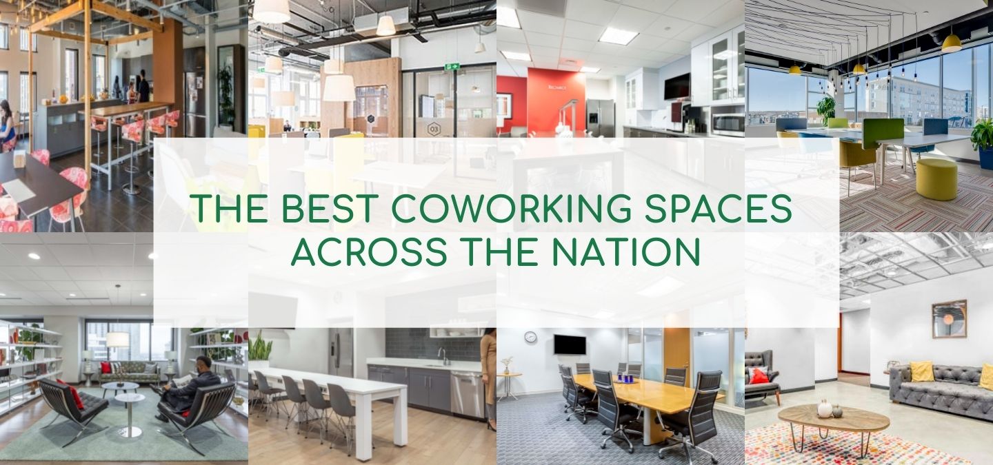 Headline 'The Best CoWorking Spaces Across the Nation' over eight interior coworking photos