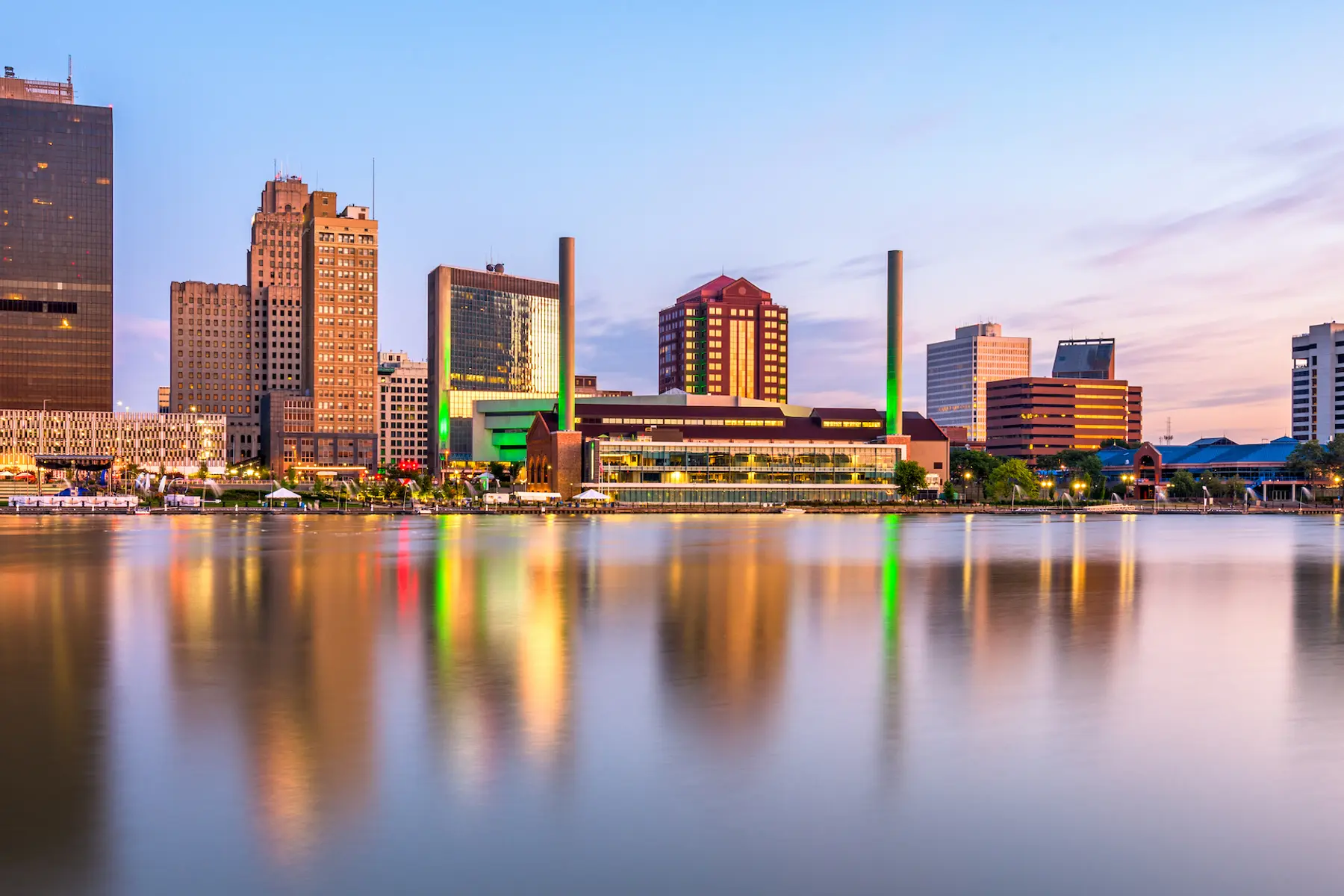 The Maumee River borders Toledo’s downtown skyline.