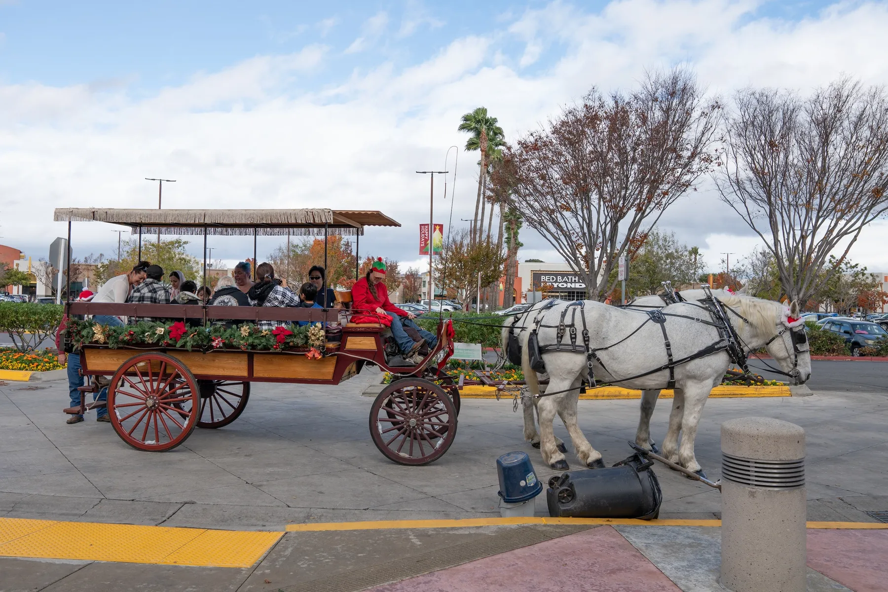 Locals board free horse-drawn carriage ride for the holidays in Hacienda Crossings Shopping Center. Photo credit: Keith Kong / Shutterstock.com