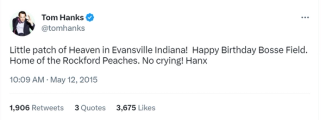 Tom Hanks calls Evansville a "Little patch of Heaven"