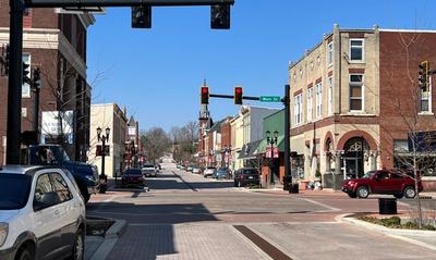 Shops and restaurants line the historic 4th Street in downtown Huntingburg.