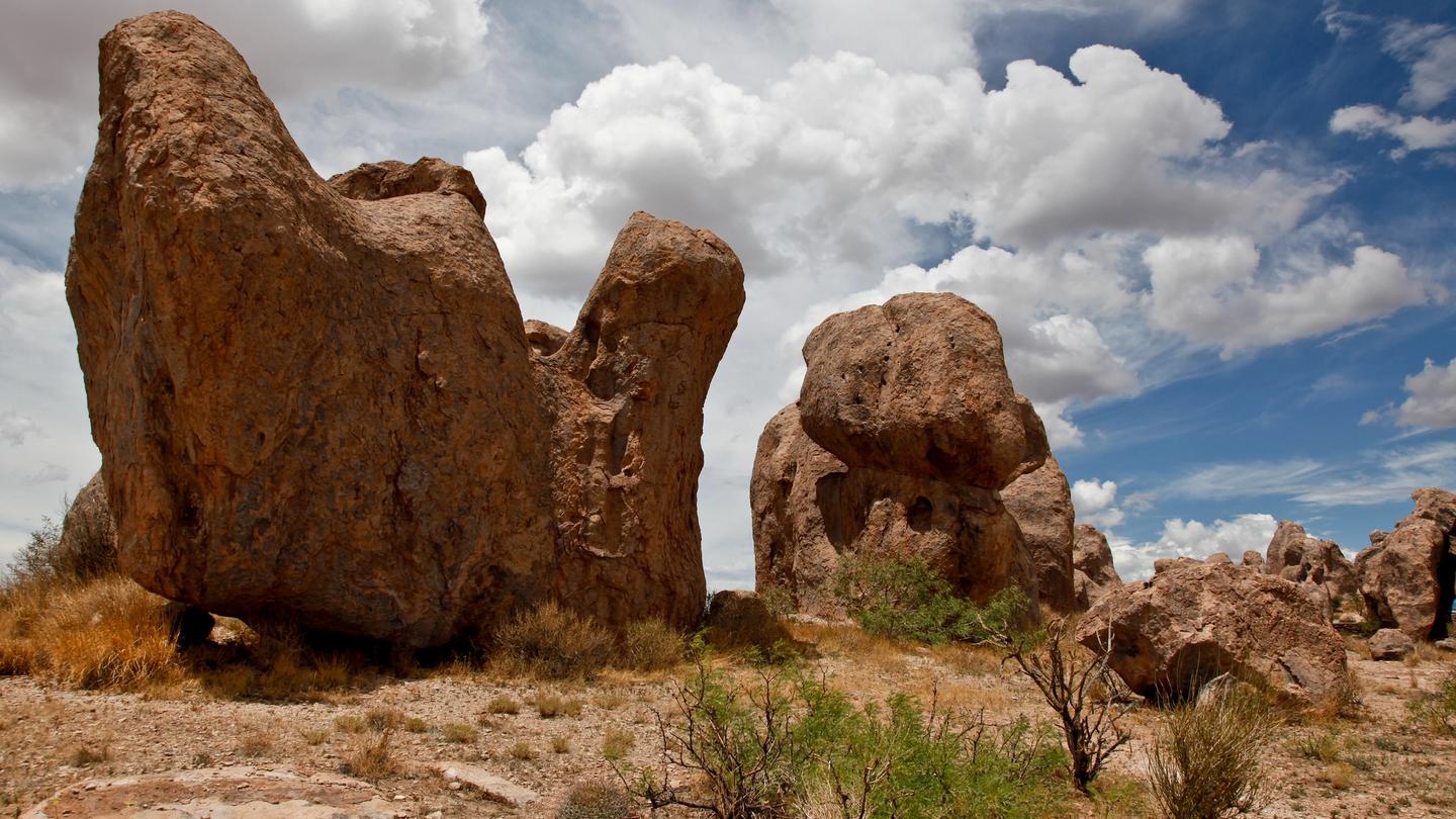 Scenic view of volcanic rock formations at City of Rocks near Deming, New Mexico.