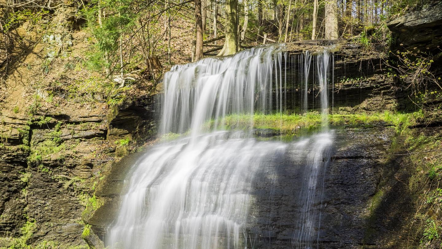Buttermilk Falls Natural area features a 45-foot waterfall and 48 woodland acres.