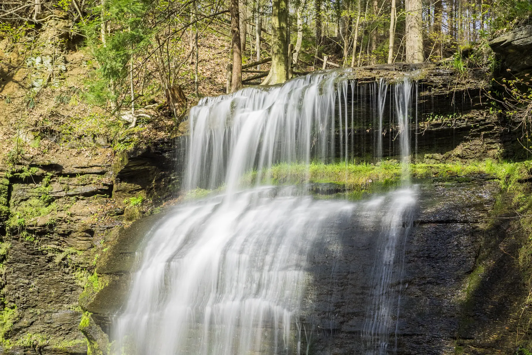 Buttermilk Falls Natural area features a 45-foot waterfall and 48 woodland acres.