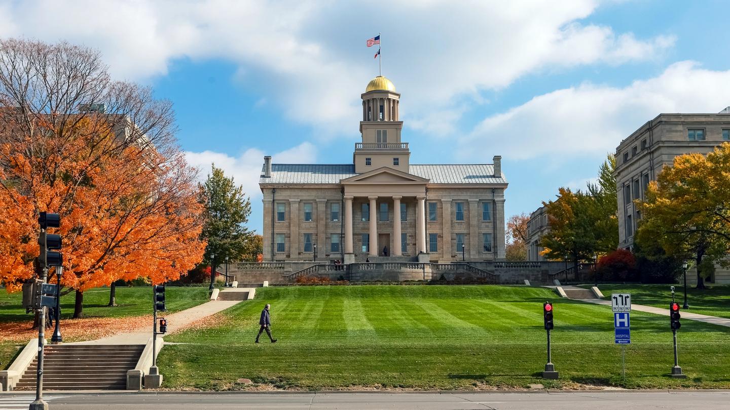 Built in 1842, the Old Capitol Building in downtown Iowa City is the most prominent landmark at the center of the University of Iowa campus.