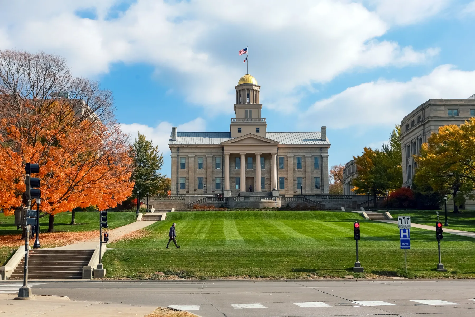 Built in 1842, the Old Capitol Building in downtown Iowa City is the most prominent landmark at the center of the University of Iowa campus.