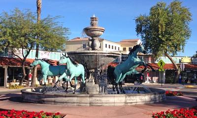 Bronze Horse Fountain on the corner of 5th Avenue in Old Town Scottsdale Arizona