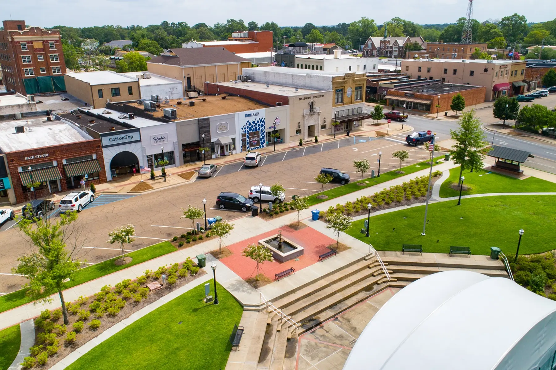 An aerial shot of downtown Ruston, Louisiana