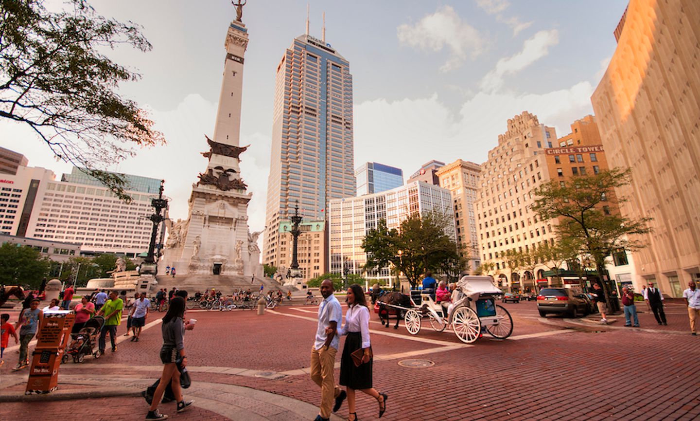 Monument Circle in downtown Indianapolis, bustling with activity. (Courtesy of Life in Indy)