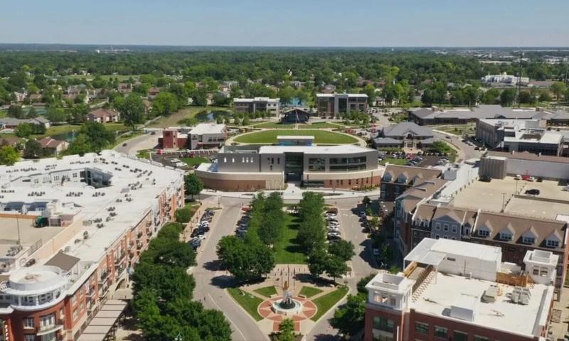 Aerial view of Fisher's Nickel Plate District and new City Hall and Arts Center