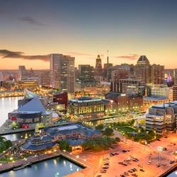 Downtown Baltimore's pier and skyline