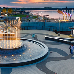 Downtown Owensboro fountains overlooking the Ohio River, with the Owensboro Convention Center in the background. 