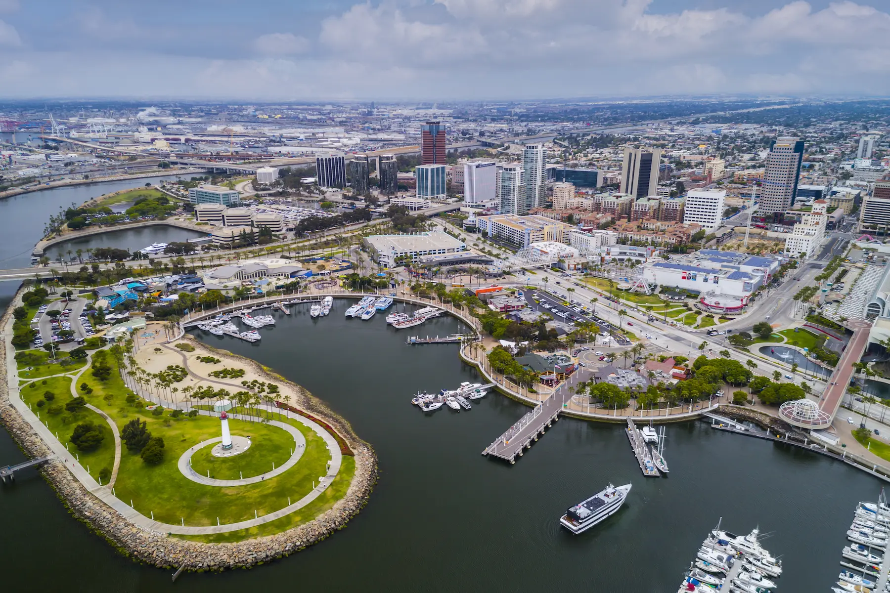 Rainbow Harbor is home to the Long Beach Lighthouse and the Aquarium of the Pacific.